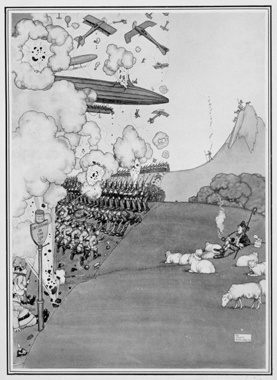 1915年の「いくつかの恐ろしい戦争の写真」からのスイスからの戦争の眺め 作： William Heath Robinson