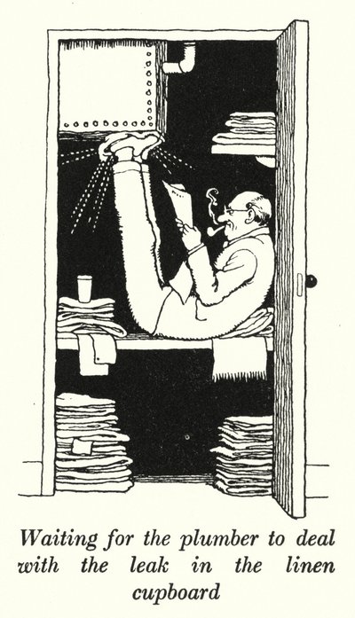 リネン棚の水漏れに対応する配管工を待つ（リトグラフ 作： William Heath Robinson