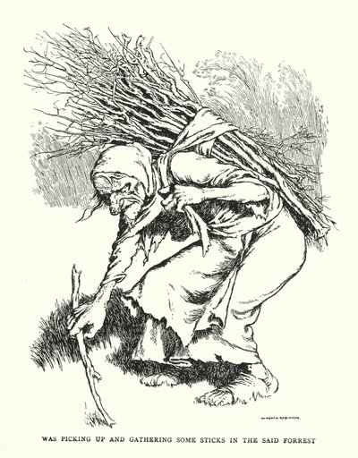 その森の中で棒を拾って集めていた（リトグラフ 作： William Heath Robinson
