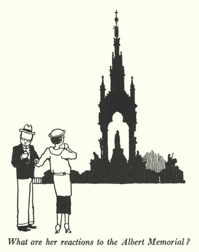 アルバート記念館に対する彼女の反応は？(litho) 作： William Heath Robinson
