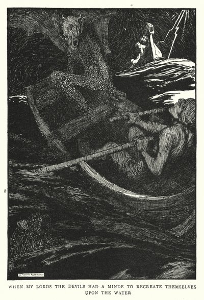 殿方が水の上で悪魔を再現するためのミニマムを持っていたとき（リトグラフ 作： William Heath Robinson