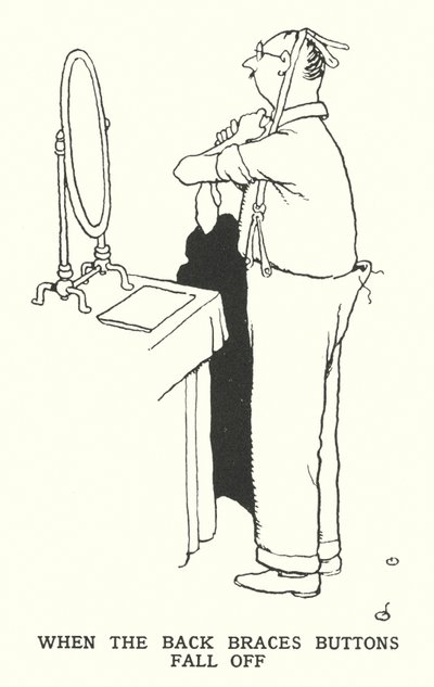 バックブレースのボタンが外れるとき（リトグラフ 作： William Heath Robinson