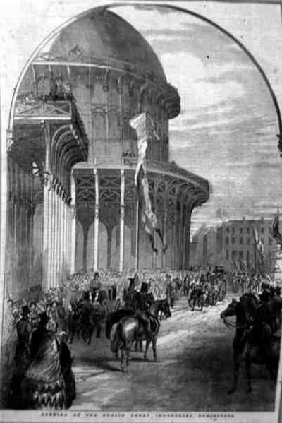 1853年にダブリンで開催された大工業博覧会のオープニング（George Virtue著「Scenery and Antiquities of Ireland」より 作： William Henry (after) Bartlett