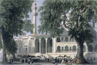 イスタンブールの「イェニ・ジャミ」（スルタナ・ヴァリッドのモスク）、J.C.ヴァラルの彫刻、1850年頃（アクアチント 作： William Henry (after) Bartlett