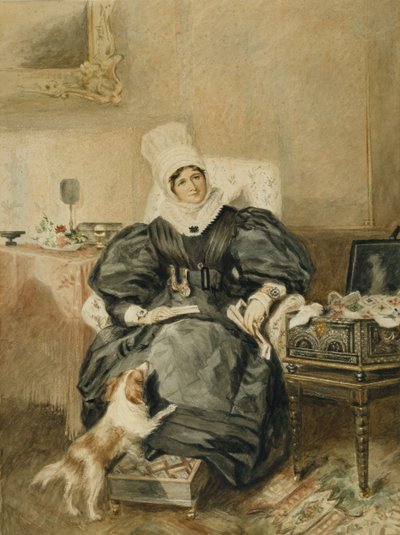犬のいるテーブルのそばにいる女性の肖像（水彩・紙 作： William Henry (after) Hunt