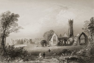 1860年代のジョージ・バーチューによる「アイルランドの風景と古代」からのアイルランド、リムリック州アデアのオーガスティン修道院 作： William Henry Bartlett