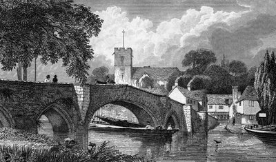 1829年に出版されたB.ウィンクルスによって刻まれたアイルズフォード教会と橋 作： William Henry Bartlett