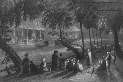 古代のパルパー、バラダの枝にあるダマスカスのカフェ 作： William Henry Bartlett