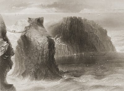 1860年代のジョージ・バーチューによる「アイルランドの風景と古代」からのキャリックアリードロープブリッジ、アントリム州、北アイルランド 作： William Henry Bartlett