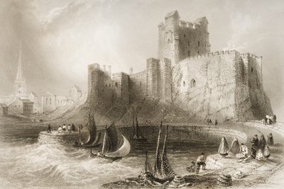 ジョージ・バーチュー著「アイルランドの風景と古代」1860年代から北アイルランド、アントリム州キャリックファーガス城 作： William Henry Bartlett