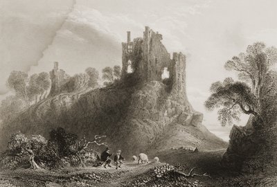 1860年代のジョージ・バーチューによる「アイルランドの風景と古代」からのアイルランド、リムリック州、リムリック近くのキャリゴグネル城 作： William Henry Bartlett