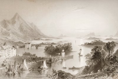 1860年代のジョージ・バーチューによる「アイルランドの風景と古代」から、メイヨー州ウェストポートから見たクルーベイ 作： William Henry Bartlett