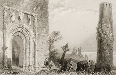 1860年代のジョージ・バーチューによる「アイルランドの風景と古代」から、アイルランド、オファリー州クロンマクノワ、寺院への玄関口 作： William Henry Bartlett