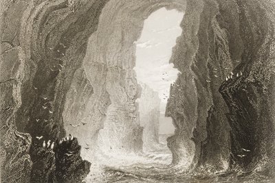 1860年代のジョージ・バーチュー著「アイルランドの風景と古代」から北アイルランド、アントリム州ダンケリー洞窟 作： William Henry Bartlett