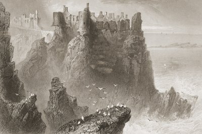 1860年代のジョージ・バーチューによる「アイルランドの風景と古代」からの北アイルランド、アントリム州ダンルース城 作： William Henry Bartlett