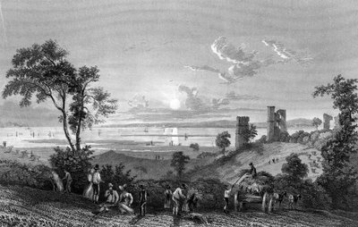 1835年、ウィリアムワトキンスによって彫刻された、薄さの方を向いたエセックスのハドリー城 作： William Henry Bartlett