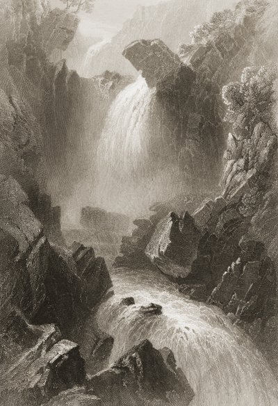ジョージ・バーチュー著「アイルランドの風景と古代」（1860年代）（彫刻）から、悪魔のグレン、ウィックロー州、アイルランド 作： William Henry Bartlett