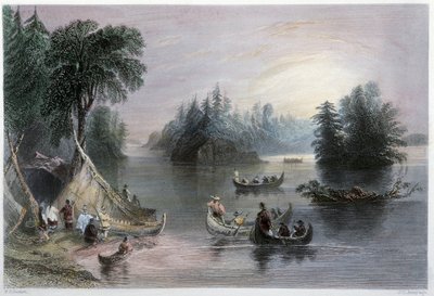 インディアンのティピとカヌー、サンローラン川岸 - W.H.バートレット著「Canadian scenery illustrated」（ロンドン）より 作： William Henry Bartlett