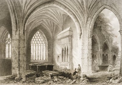 1860年代のジョージ・バーチューによる「アイルランドの風景と古代」からのアイルランド、ティペラリー州ホリクロス修道院の内部 作： William Henry Bartlett