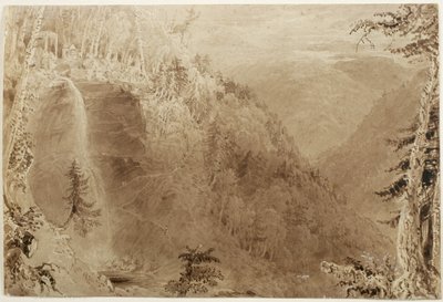 ニューヨーク州キャッツキル山脈の渓谷上からのカータースキル滝：彫刻の研究、1836年（紙に白い隆起を加えた茶色のインクで洗って、カードに置く） 作： William Henry Bartlett