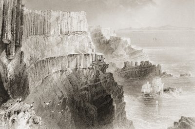 1860年代のジョージ・バーチューによる「アイルランドの風景と古代」からの北アイルランド、アントリム州のジャイアンツコーズウェイの近くにあるプレスキンクリフ 作： William Henry Bartlett