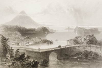 1860年代のジョージ・バーチューによる「アイルランドの風景と古代」からのアイルランド、メイヨー州、ラフ・コンのポンツーン橋 作： William Henry Bartlett