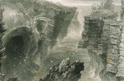 1860年代のジョージ・バーチューによる「アイルランドの風景と古代」からのアイルランド、クレア州キルキーのパフィンホール 作： William Henry Bartlett