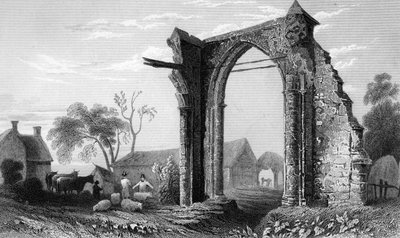 1832年、ウィリアムトムブルソンによって彫刻されたエセックスのビックナカー修道院の遺跡 作： William Henry Bartlett