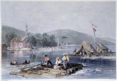 2つの山の湖での入植者の筏と木材の輸送 - バートレットW.H.の「Canadian scenery illustrated」の中で。 作： William Henry Bartlett