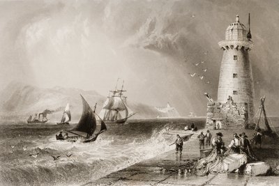 1860年代のジョージ・バーチューによる「アイルランドの風景と古代」からのダブリンの遠くにあるハウスヒルのあるサウスウォール灯台 作： William Henry Bartlett