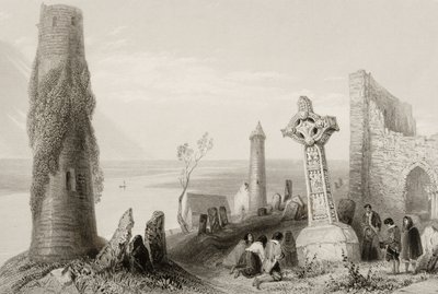 「アイルランドの風景と古代」（131074を参照）のアイルランド、オファリー州クロンマクノワにある古代の十字架と丸い塔 作： William Henry Bartlett