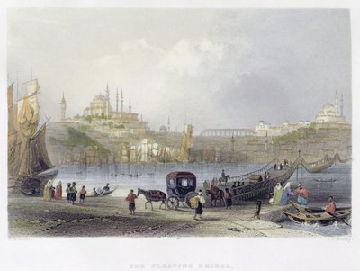 イスタンブールの浮橋、JCベントレーによって彫刻された、1850年頃（アクアチント） 作： William Henry Bartlett