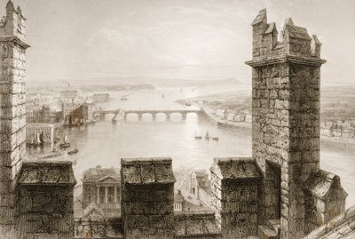 1860年代のジョージ・バーチューによる「アイルランドの風景と古代」からのリムリック州のカテドラルタワーからのシャノン川とリムリック 作： William Henry Bartlett