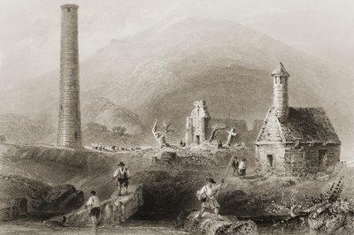 1860年代のジョージ・バーチューによる「アイルランドの風景と古代」からのアイルランド、ウィックロー州グレンダーロッホの遺跡 作： William Henry Bartlett