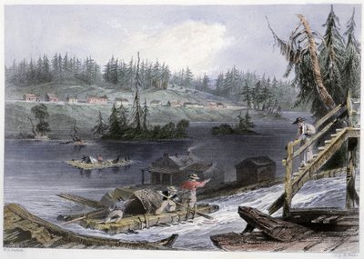 レ・シャッツ」への木の運搬 - バートレットW.H.著「図説カナダの風景」より 作： William Henry Bartlett