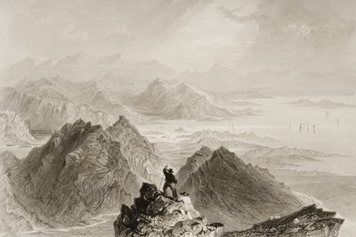コーク州シュガーローフマウンテンからのバントリーベイの眺め、1860年代のジョージバーチューによる「アイルランドの風景と古代」 作： William Henry Bartlett