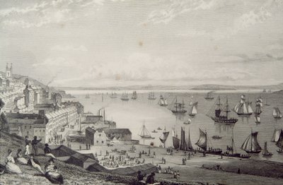 ジョージ・バーチュー、1860年代の「アイルランドの風景と古代」から、1830年代にアイルランドのコーク州、ロステランに向かっているコーブ港の眺め 作： William Henry Bartlett