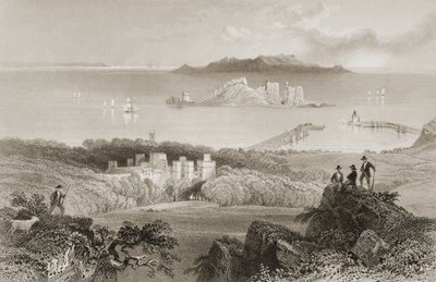 1860年代のジョージ・バーチューによる「アイルランドの風景と古代」からのアイルランド、ダブリン州のハウス城の眺め 作： William Henry Bartlett
