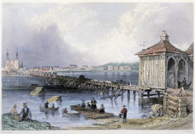 セント・ジョンズのリシュリュー川に架かる橋の風景（ウィリアム・ヘンリー・バーレット編『Canadian Scenary illustrated』所収ジョージ・バーチュー 作： William Henry Bartlett