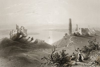 1860年代のジョージ・バーチューによる「アイルランドの風景と古代」からのアイルランド、オファリー州「クロンマクノワの7つの教会」の眺め 作： William Henry Bartlett