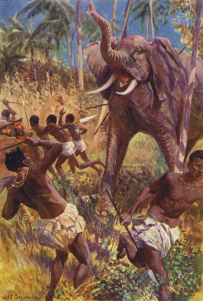 R・M・バランタイン著「The Gorilla Hunters」のイラスト（カラーリトグラフ）。 作： William Henry Charles Groome