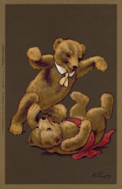 遊ぶ男の子と女の子のテディベア（カラーリトグラフ） 作： William Henry Ellam