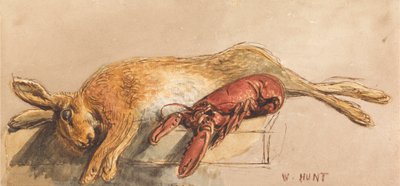 死んだノウサギとベンチで調理されたロブスター 作： William Henry Hunt