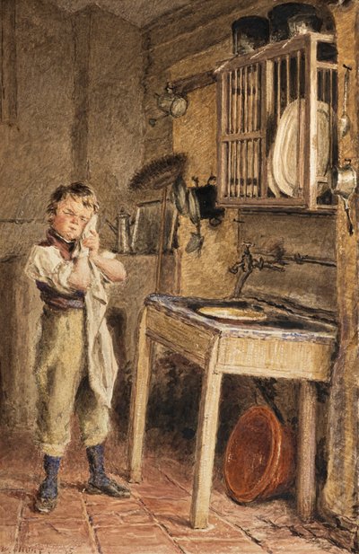 台所の流しで洗濯する少年（水彩画） 作： William Henry Hunt