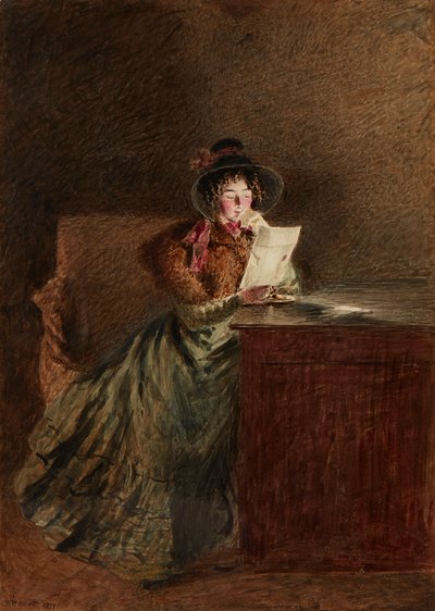 ランプライトで手紙を読む少女（水彩と鉛筆） 作： William Henry Hunt