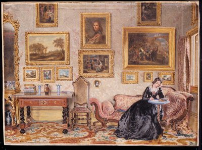 書き物机に女性がいる応接室のインテリア 作： William Henry Hunt