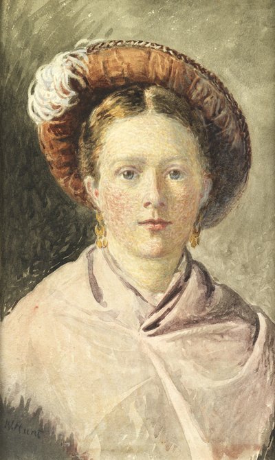 羽の帽子をかぶった女性（紙に水彩） 作： William Henry Hunt