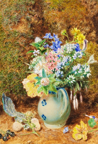 ヒースと小さな花が入ったペールブルーのチャイナ水差し、1860年頃 作： William Henry Hunt