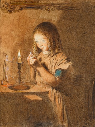 針を通す：若い女性の裁縫師、c.1845（紙にトイレ） 作： William Henry Hunt