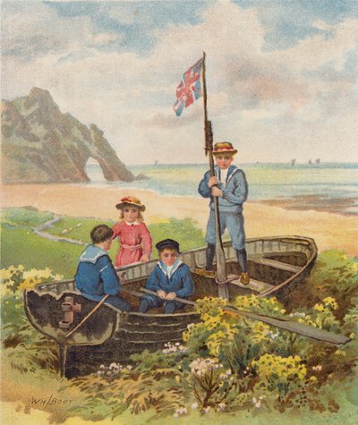 浜辺でボートで遊ぶ子供たち（クロモリト） 作： William Henry James (after) Boot